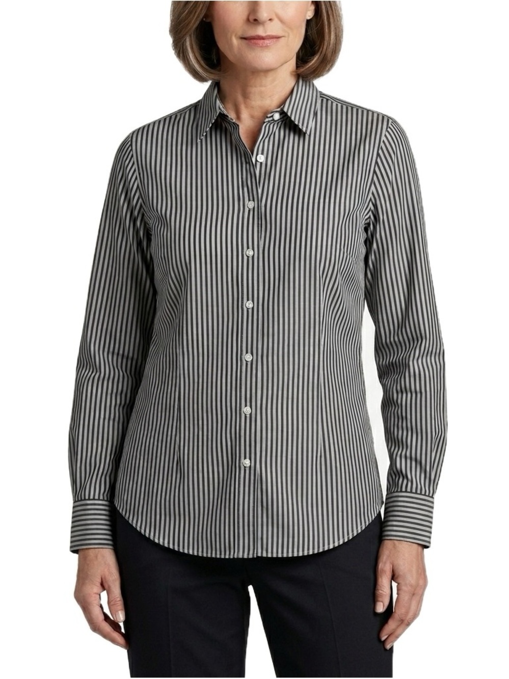 Brooks Brothers Gray and White Striped Fitted Non-Iron Stretch Button-Down Shirt